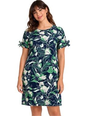 Banana Republic Floral Navy & Green Short Tie-Sleeve Shift Dress, size L
